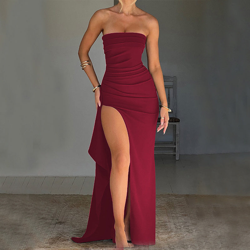 Strapless Split Long Dress Pleated Bridesmaid Dress