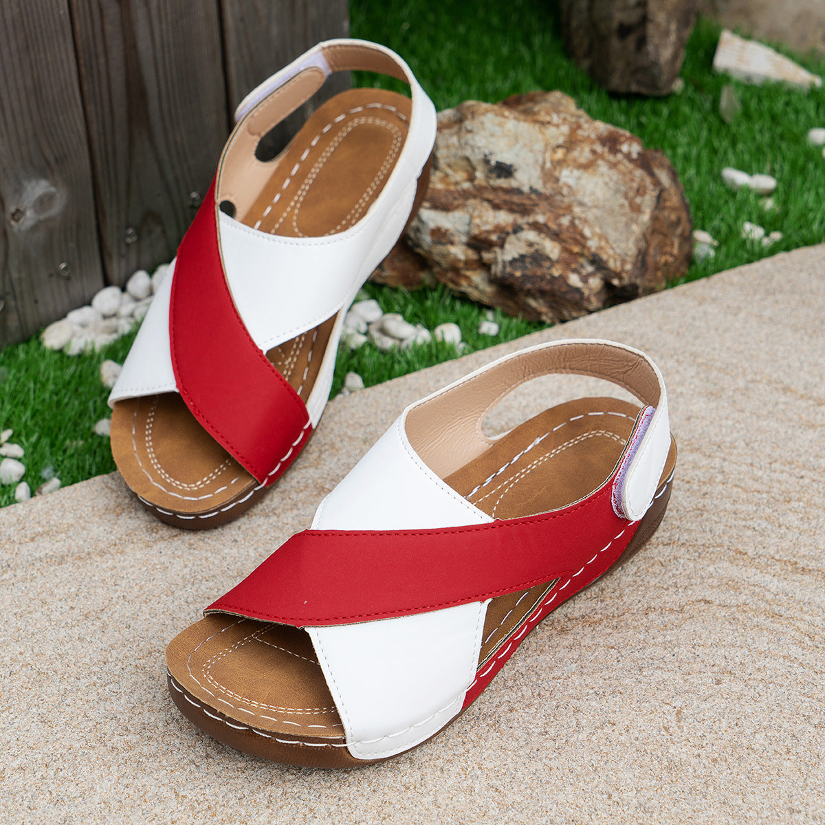 Summer Wedge Sandals with Colorblock Cross-Strap Design