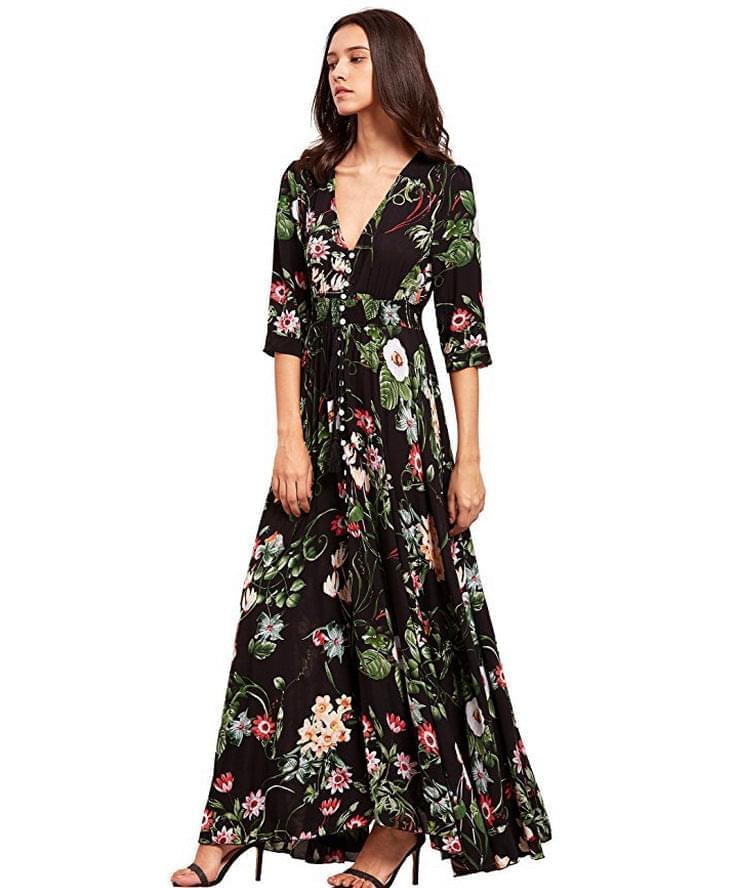 Button Floral Beach Bohemian Maxi Dresses - Fabric of Cultures