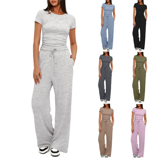 Women's 2-Piece Casual Yoga Set – Short Sleeve Top & Wide-Leg Pants