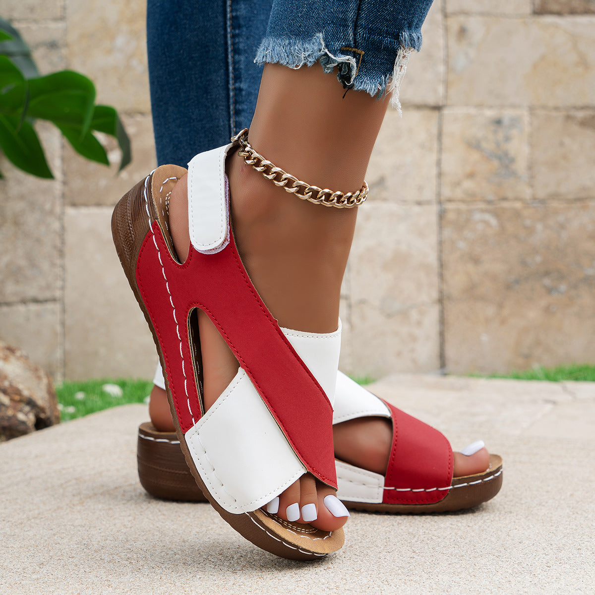 Summer Wedge Sandals with Colorblock Cross-Strap Design