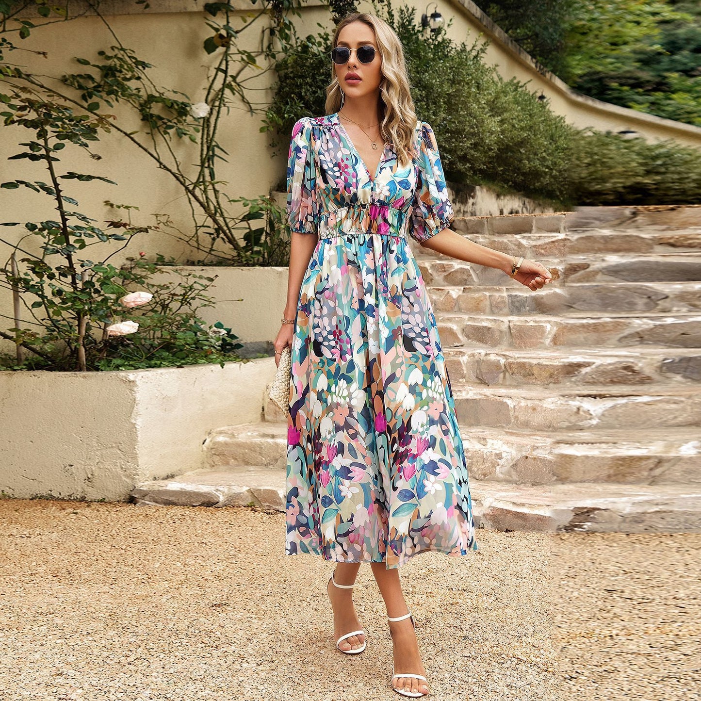 V-Neck Floral Maxi Beach Dress