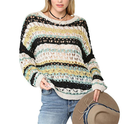 Hollow Knitted Round Neck Sweater - Fabric of Cultures