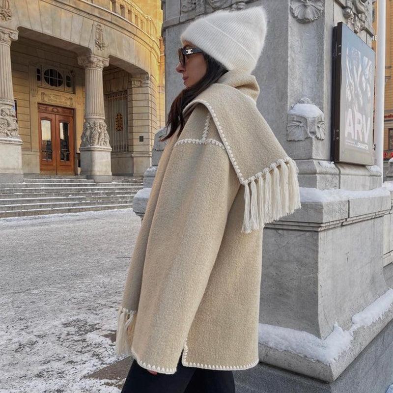 Stylish Woolen Coat with Tassel Scarf - Fabric of Cultures