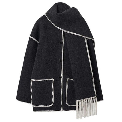 Stylish Woolen Coat with Tassel Scarf - Fabric of Cultures
