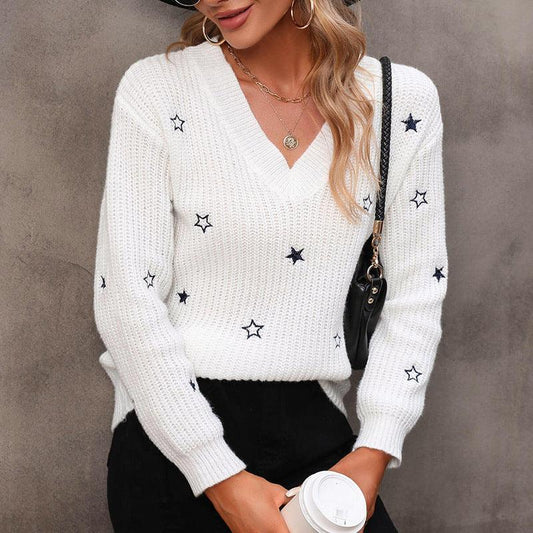V-Neck Solid Little Star Embroidery Sweater - Fabric of Cultures