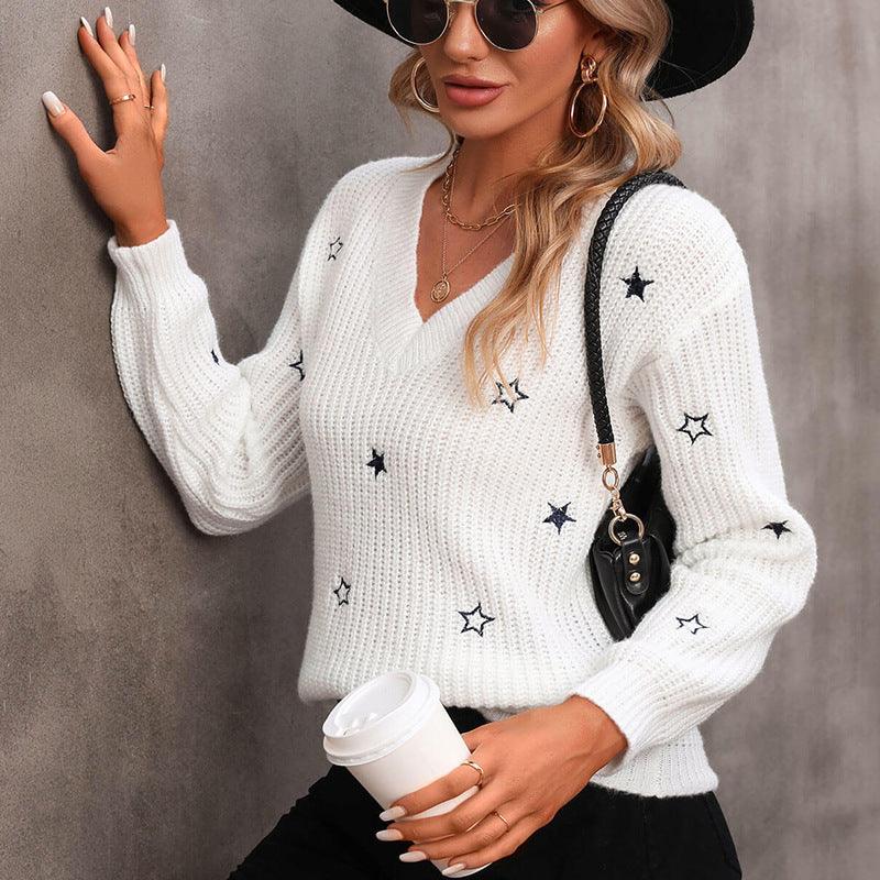 V-Neck Solid Little Star Embroidery Sweater - Fabric of Cultures