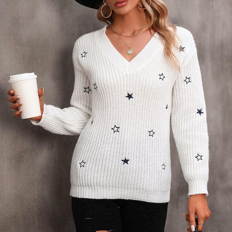 V-Neck Solid Little Star Embroidery Sweater - Fabric of Cultures