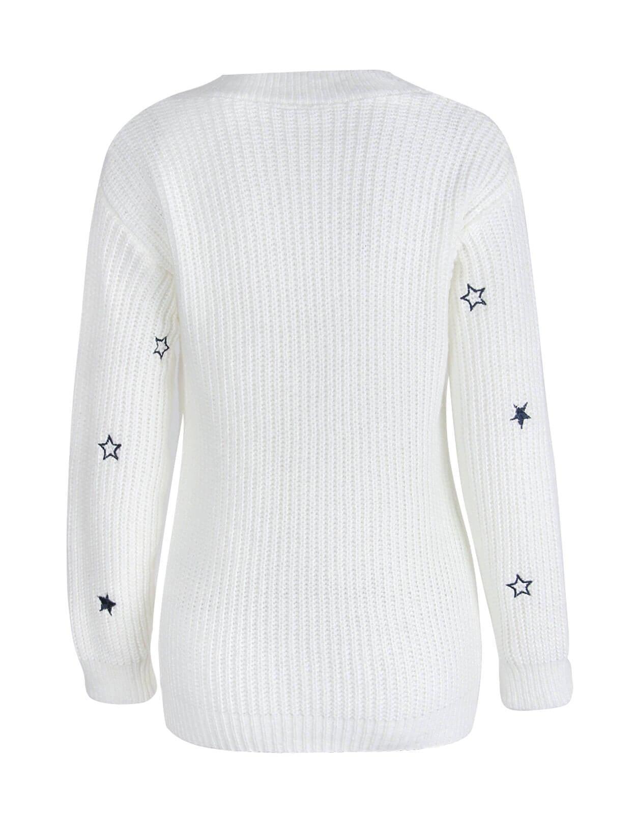 V-Neck Solid Little Star Embroidery Sweater - Fabric of Cultures