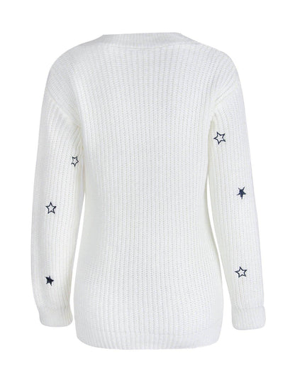 V-Neck Solid Little Star Embroidery Sweater - Fabric of Cultures