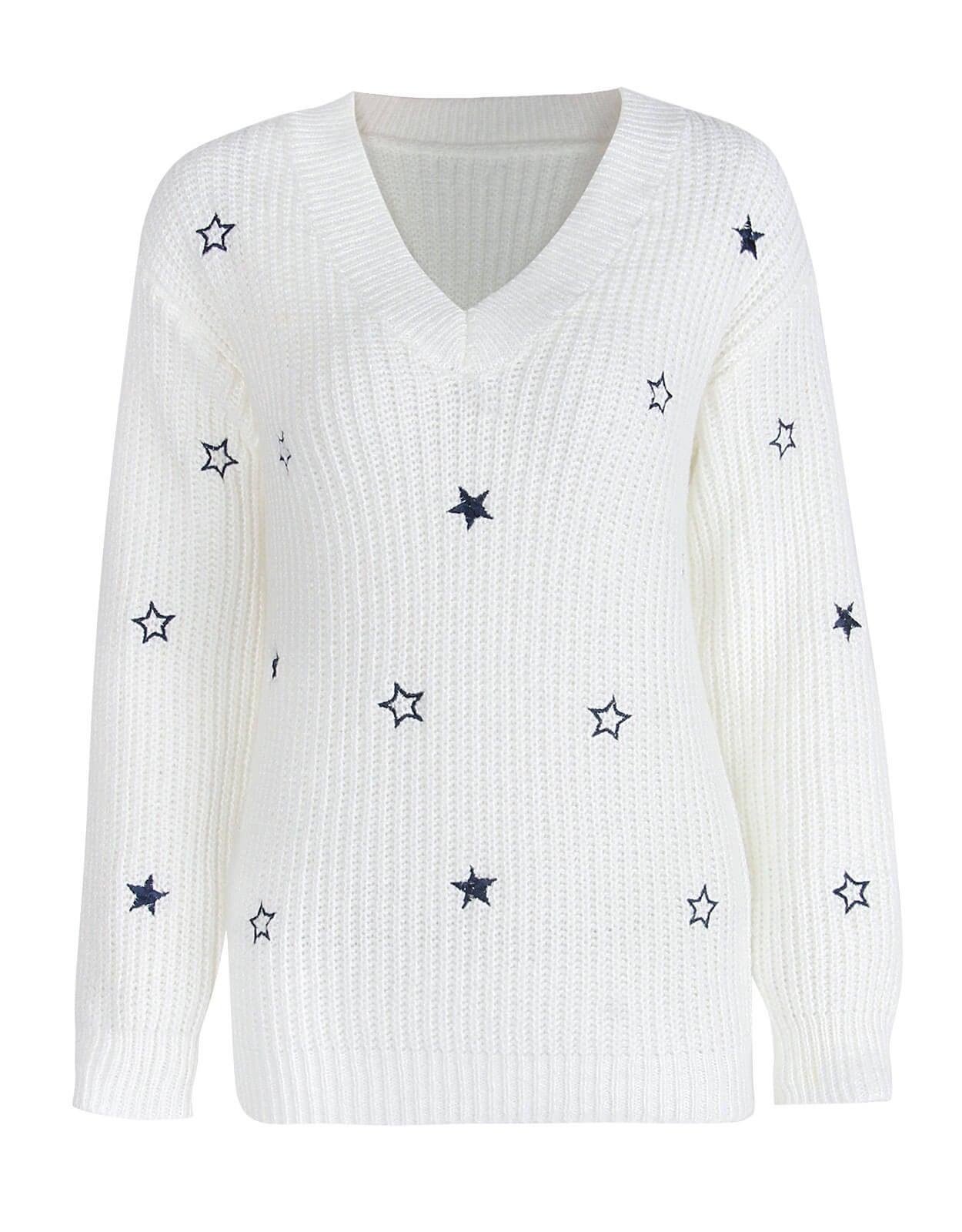 V-Neck Solid Little Star Embroidery Sweater - Fabric of Cultures