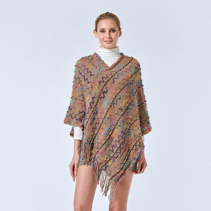 V-neck Tassel Rainbow Cape Sweater - Fabric of Cultures