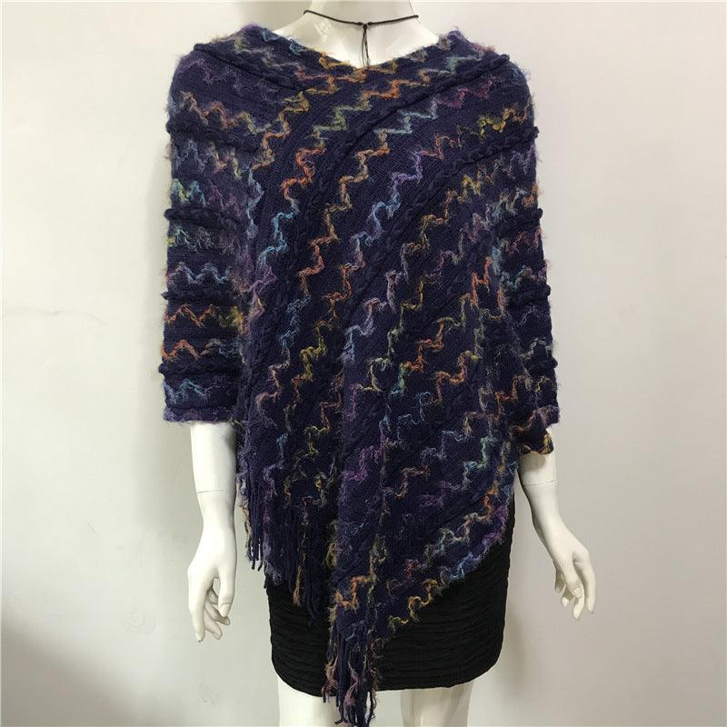 V-neck Tassel Rainbow Cape Sweater - Fabric of Cultures