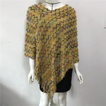 V-neck Tassel Rainbow Cape Sweater - Fabric of Cultures