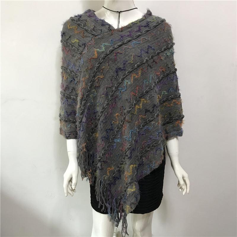 V-neck Tassel Rainbow Cape Sweater - Fabric of Cultures