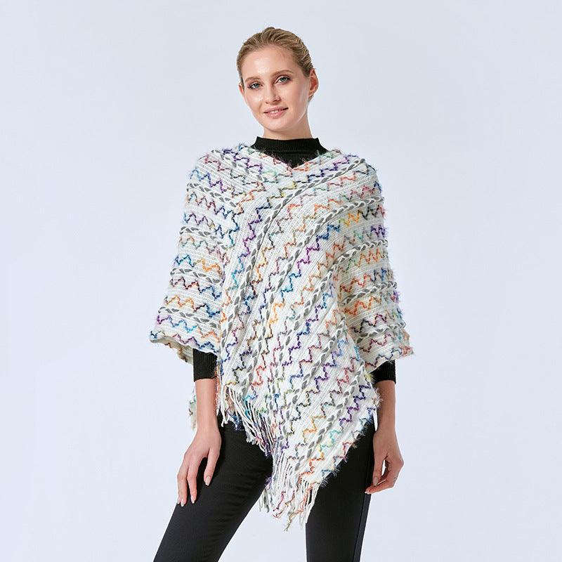 V-neck Tassel Rainbow Cape Sweater - Fabric of Cultures