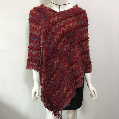 V-neck Tassel Rainbow Cape Sweater - Fabric of Cultures