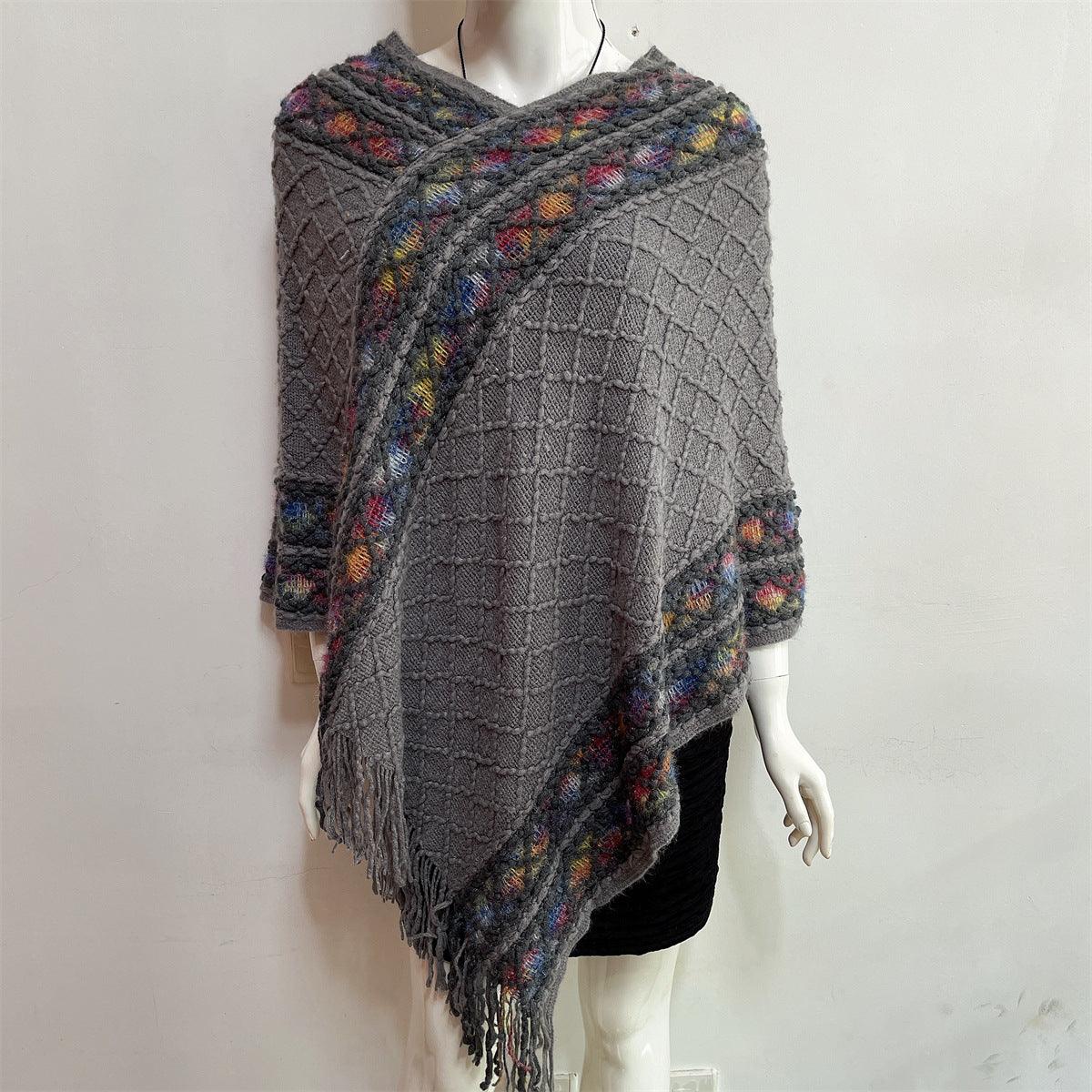 V-neck Tassel Rainbow Cape Sweater - Fabric of Cultures