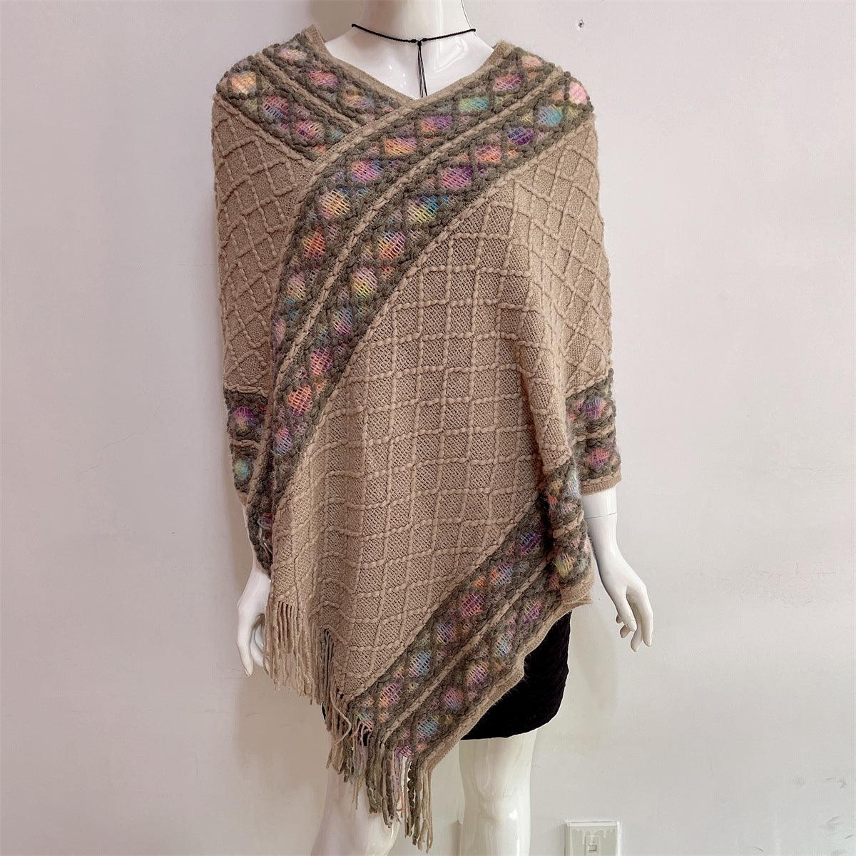 V-neck Tassel Rainbow Cape Sweater - Fabric of Cultures