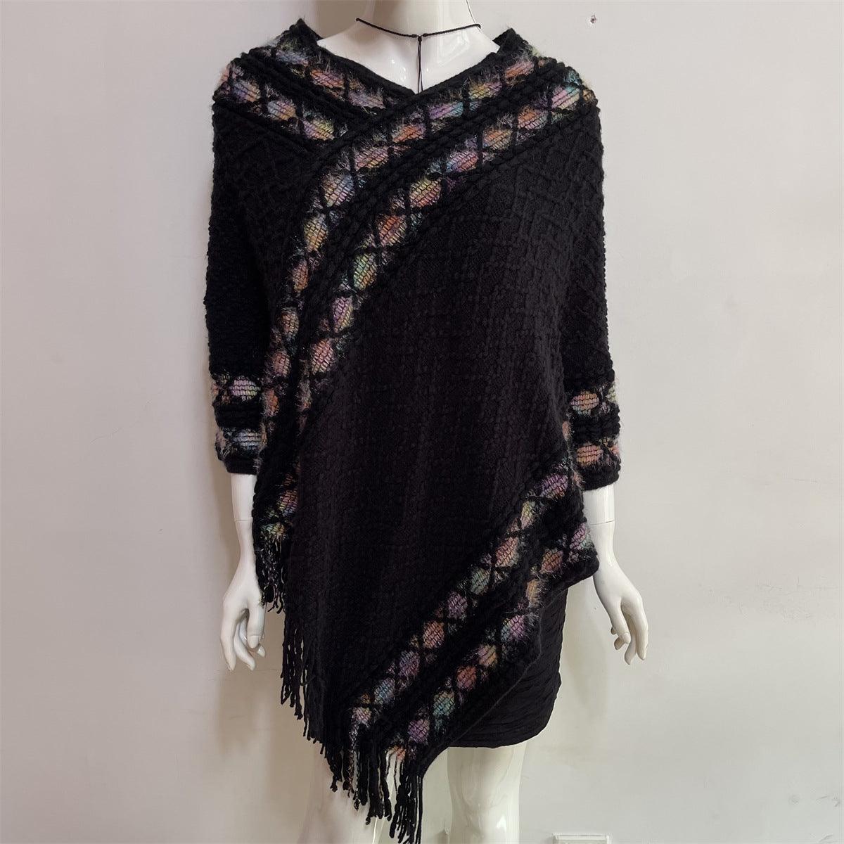 V-neck Tassel Rainbow Cape Sweater - Fabric of Cultures