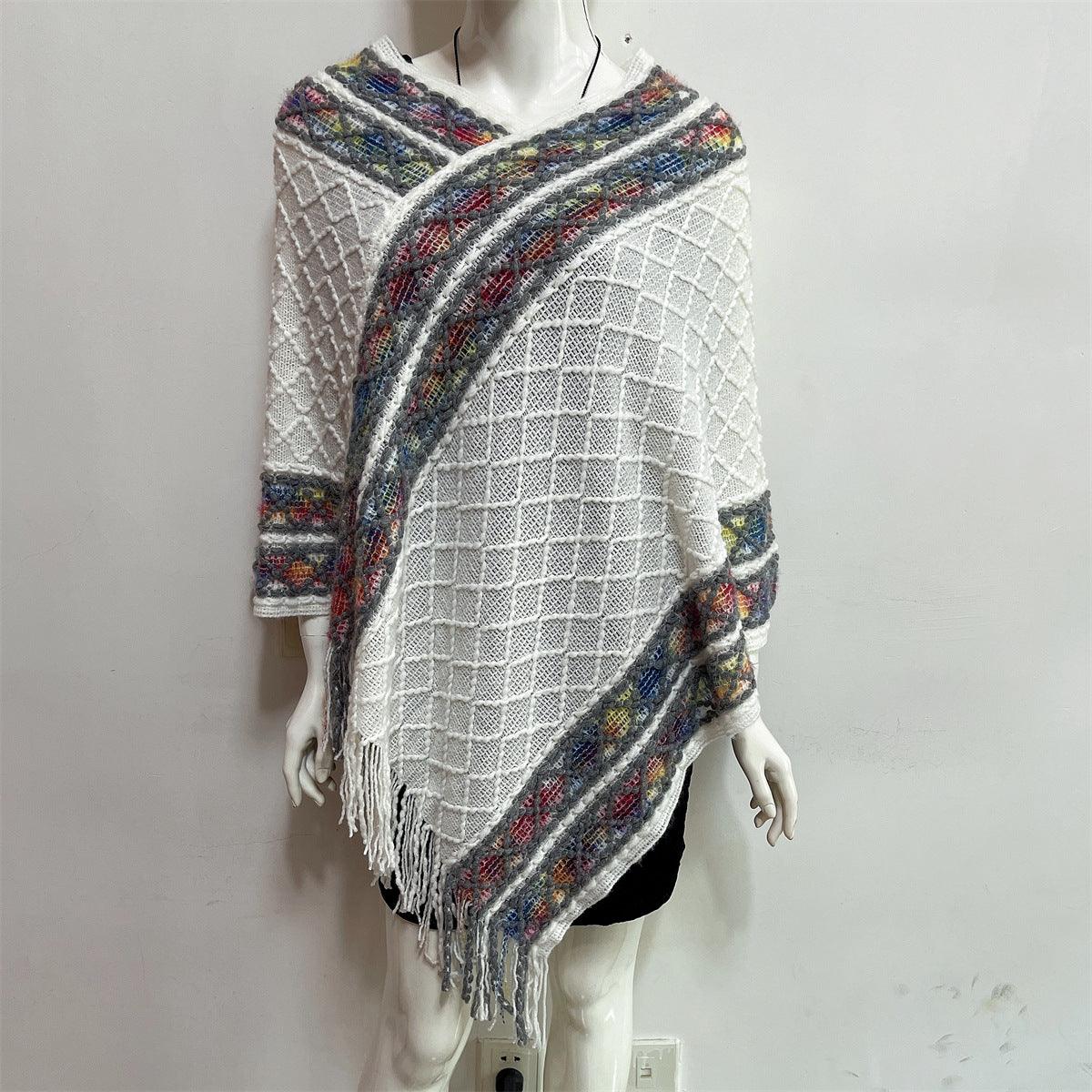 V-neck Tassel Rainbow Cape Sweater - Fabric of Cultures