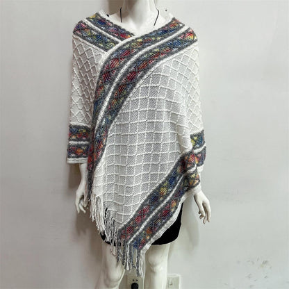 V-neck Tassel Rainbow Cape Sweater - Fabric of Cultures