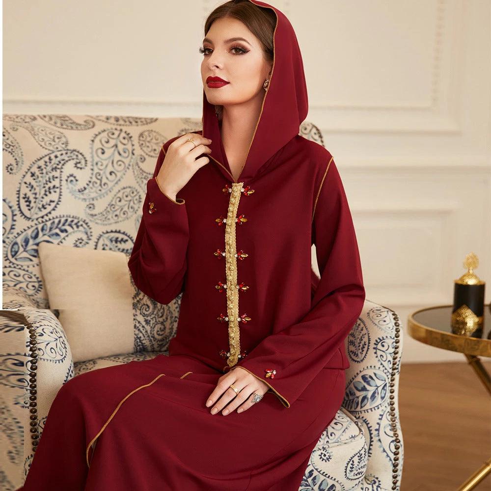 Dark Red Gold Trim Hand-sewn Diamond Hooded Djellaba - Fabric of Cultures