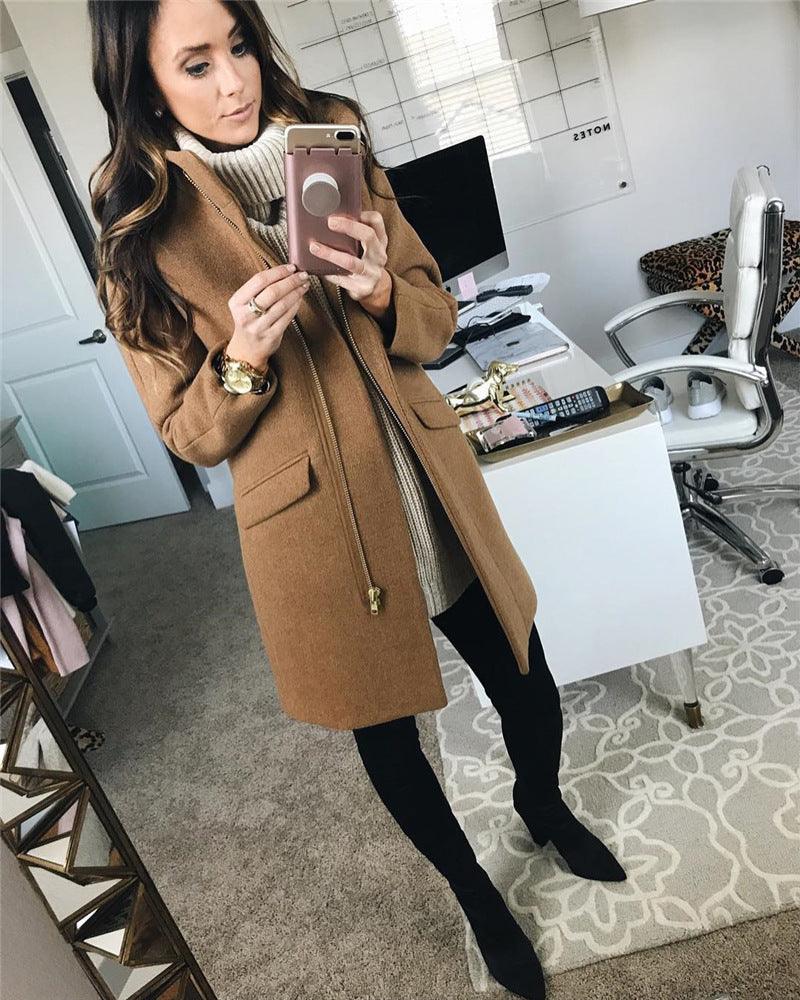 Fashion mid-length zipper stand collar woolen coat women - Fabric of Cultures