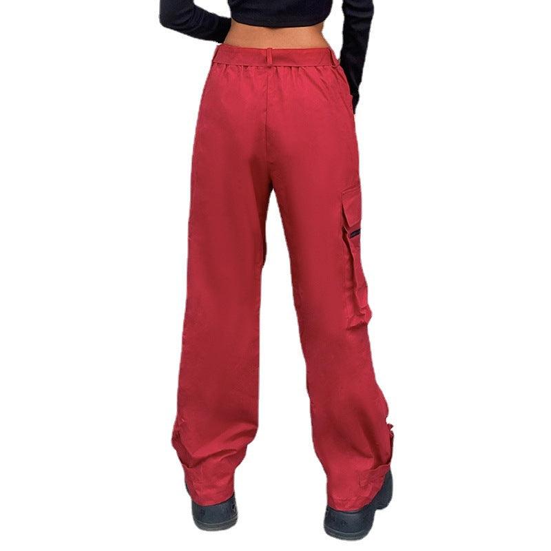 Hip Hop Wide Belted Red Cargo Pants - Fabric of Cultures