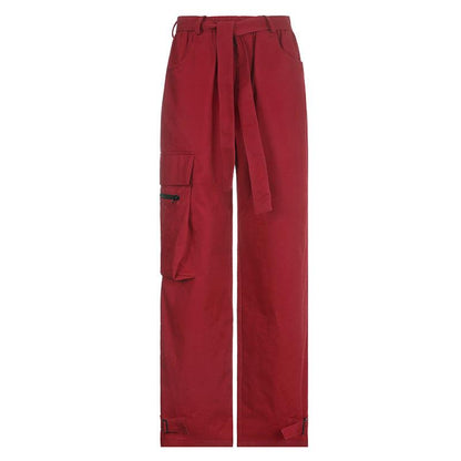 Hip Hop Wide Belted Red Cargo Pants - Fabric of Cultures