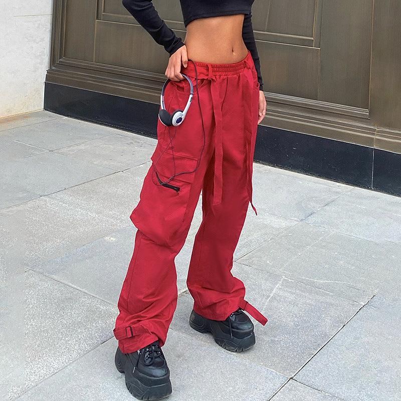 Hip Hop Wide Belted Red Cargo Pants - Fabric of Cultures
