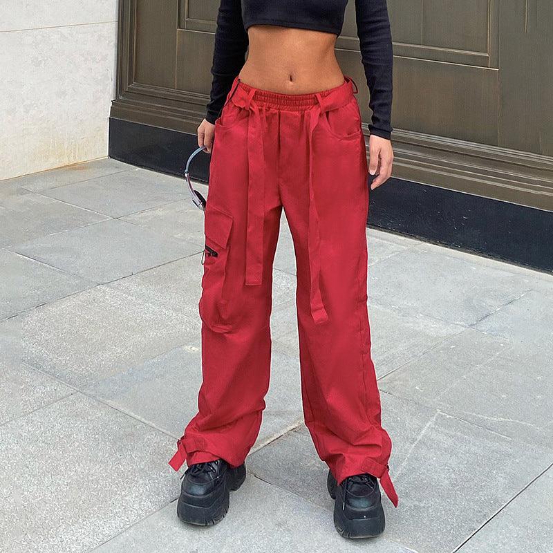 Hip Hop Wide Belted Red Cargo Pants - Fabric of Cultures