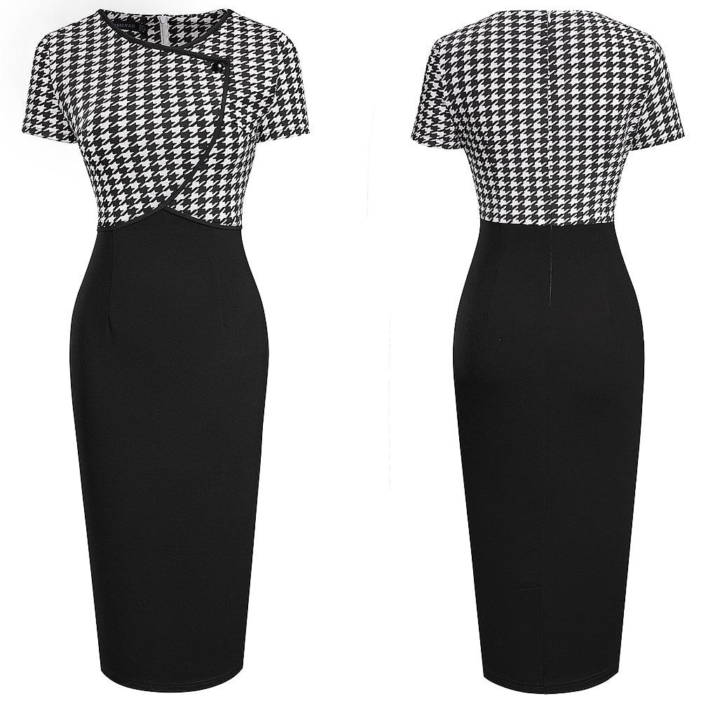 Houndstooth Stitching Commuter Slim Bag Hip Pencil Skirt - Fabric of Cultures