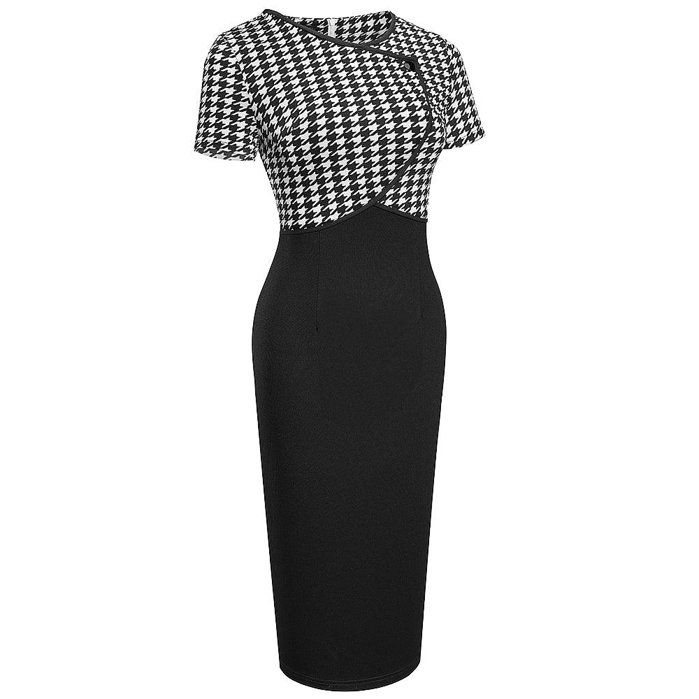 Houndstooth Stitching Commuter Slim Bag Hip Pencil Skirt - Fabric of Cultures