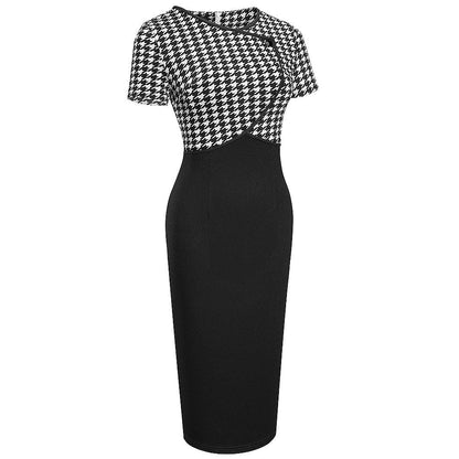 Houndstooth Stitching Commuter Slim Bag Hip Pencil Skirt - Fabric of Cultures