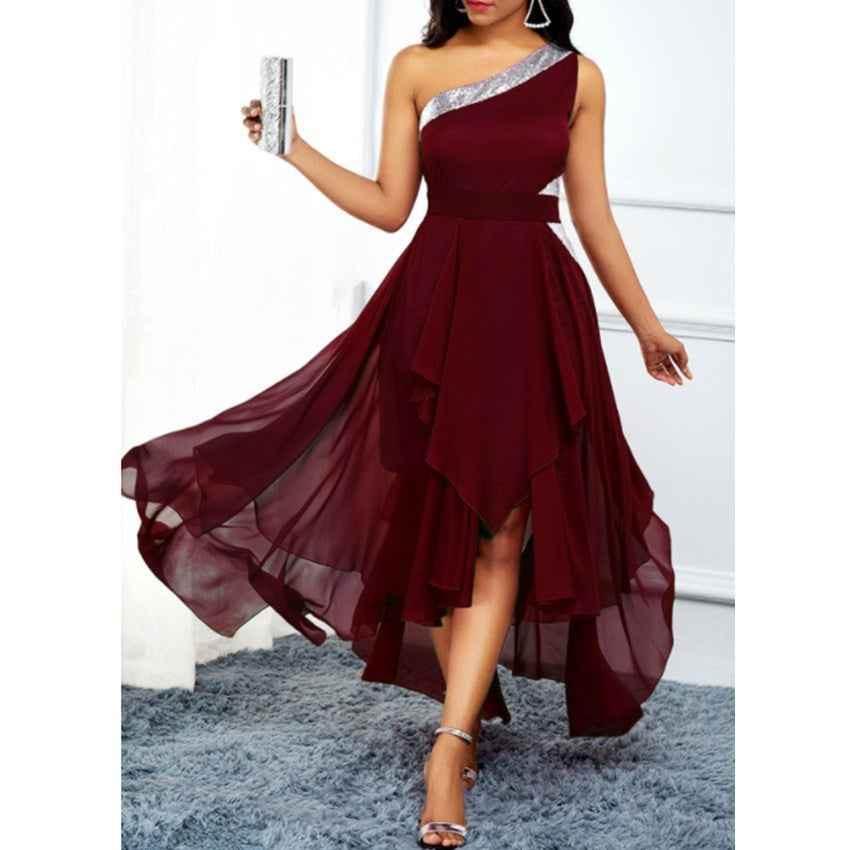 One-shoulder Asymmetrical Hem Fashion Dress - Fabric of Cultures