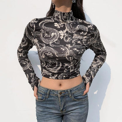 Print Anime Shirt Female Turtleneck Long Sleeve Woman Cropped Tshirts Vintage - Fabric of Cultures