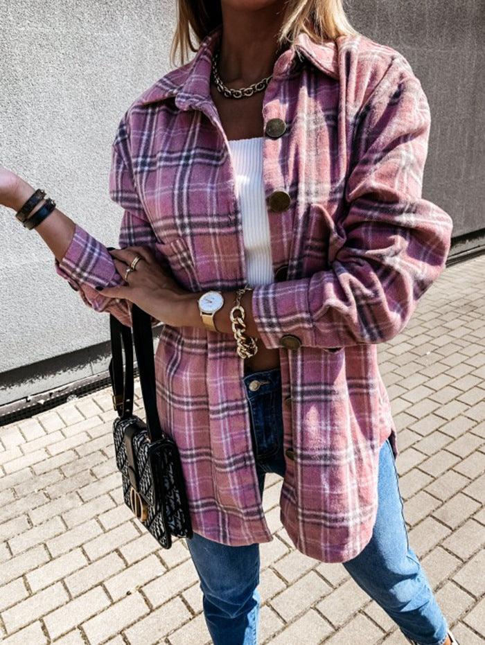 Retro plaid long-sleeved shirt jacket women - Fabric of Cultures
