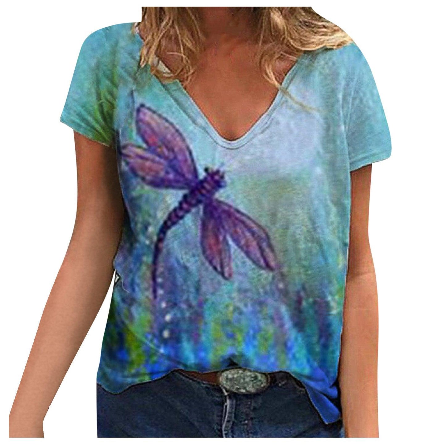 Tie-dye Printed T-shirt Women's V-neck Short-Sleeved T-shirt - Fabric of Cultures