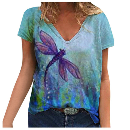 Tie-dye Printed T-shirt Women's V-neck Short-Sleeved T-shirt - Fabric of Cultures