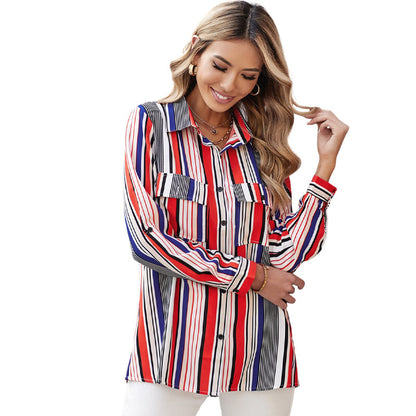 Women's Striped Blouse Design Lapel Single-breasted Long-sleeved Plus Size Blouse - Fabric of Cultures